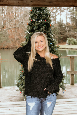 Rockin’ around the Christmas Tree Black distressed sweater