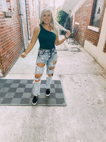 One Shoulder Crop Top-Teal