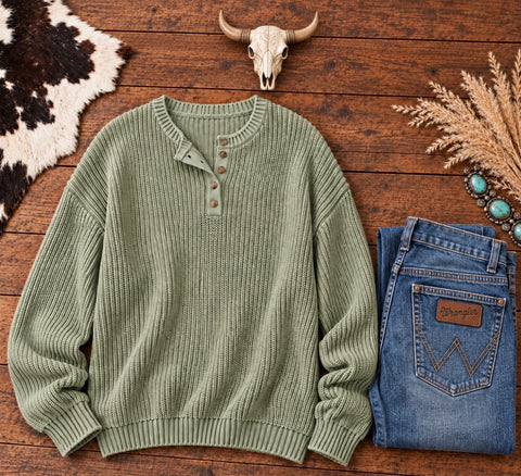 Vintage Washed Henley Sweater-Light Olive