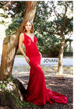 RED V NECK FITTED JERSEY PROM DRESS