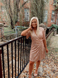 Blush Sequin Wrap Mini Short Sleeve Dress With Front Tie