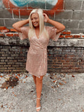 Blush Sequin Wrap Mini Short Sleeve Dress With Front Tie